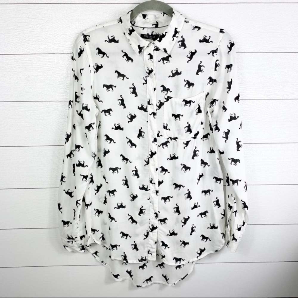 Max Jeans White Button-Down Shirt with Black Horse Print